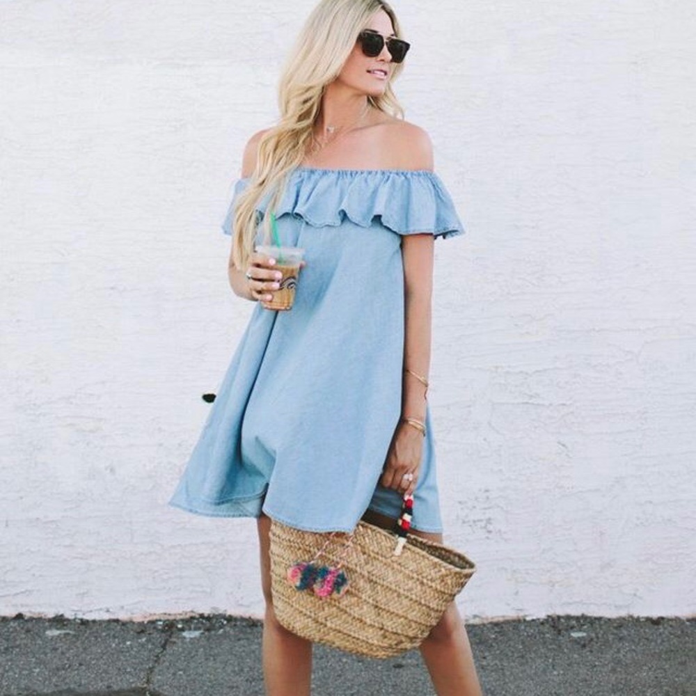Ruffled Strapless Chambray Dress